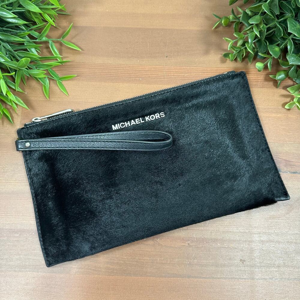 Michael Kors Jet Set Travel Large Zip Clutch Wristlet Black Haircalf Leather